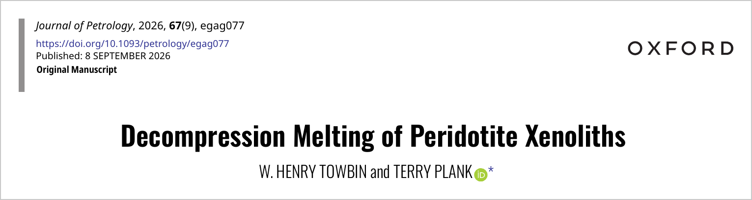 Title block of the paper: Decompression Melting of Peridotite Xenoliths, W. Henry Towbin and Terry Plank, Journal of Petrology 2026